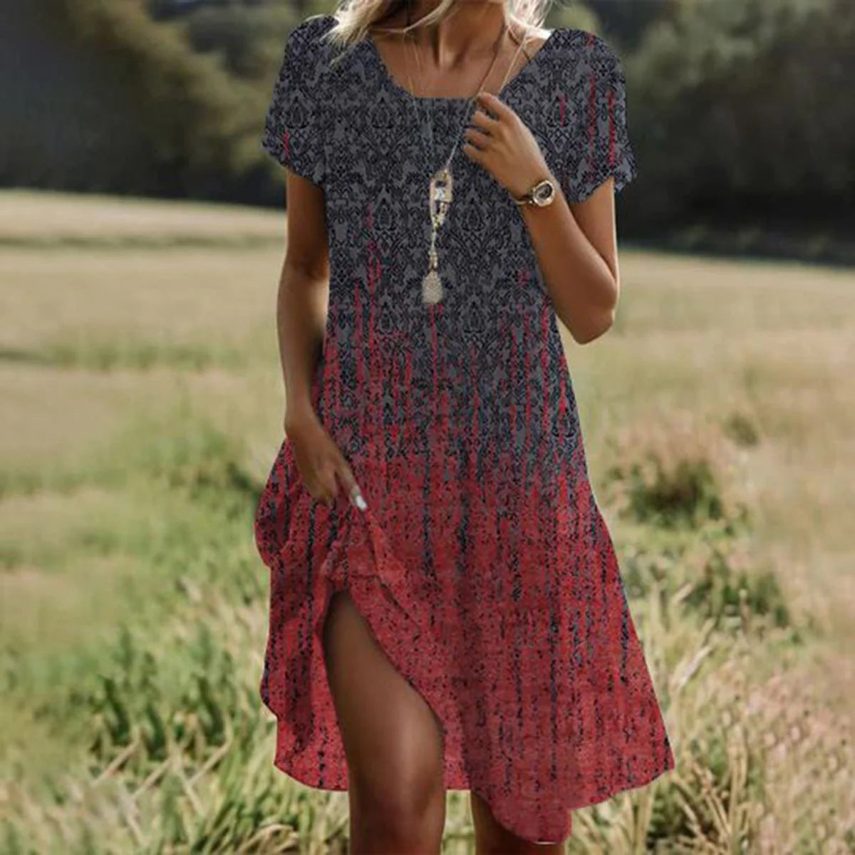 Summer Artistic Ethnic Style Scoop Mid-length Dress