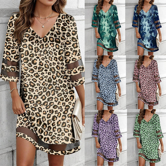 Casual And Comfortable Printed V-neck Stitching Lace Dress