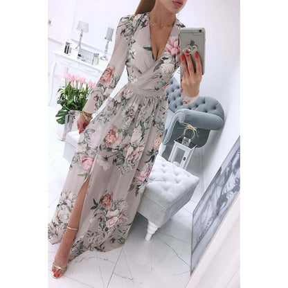 Summer Long-sleeve V-neck Chiffon Printed Bohemian Dress Women