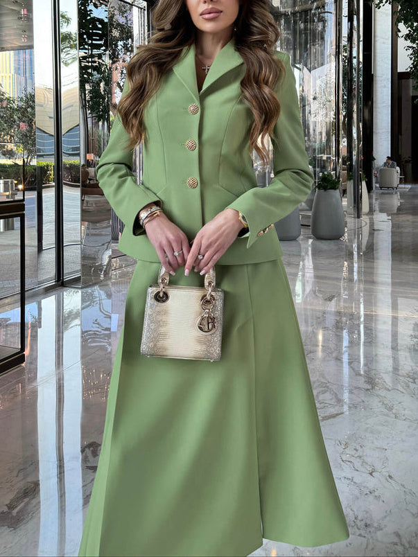 Solid Color Blazer & Slit Skirt Suit