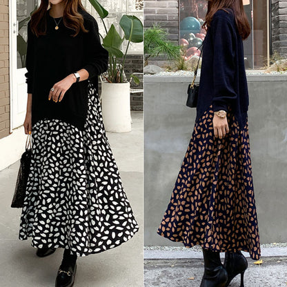 Women's Long Sleeve Stitching Printing Large Swing Round Neck False Two Pieces Dress