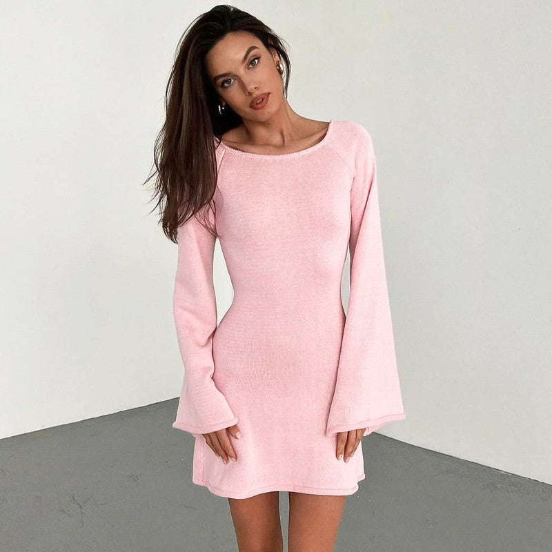 European And American Style Pure Color Wool Skirt Bell Sleeve Loose Backless Dress