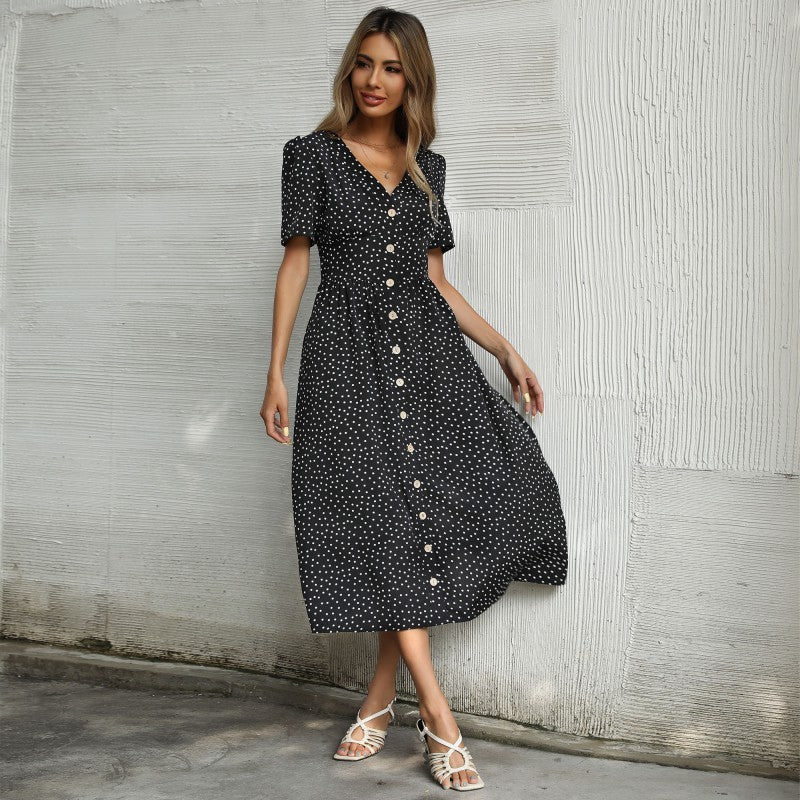 Cross-border Skirt V-neck Short Sleeve Polka Dot Dress