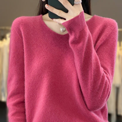 Women's Wool Sweater V-neck Autumn And Winter New Solid Color Loose-fitting Versatile Wool Loose Bottoming Shirt