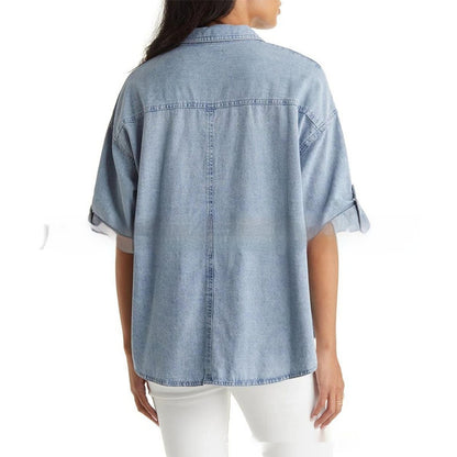 Camisa holgada de verano de manga corta estilo vaquero para mujer