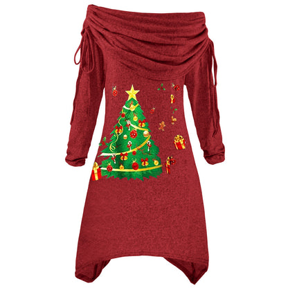 Women's Long Sleeve Christmas Tree Print Pleated Collar Irregular Dress