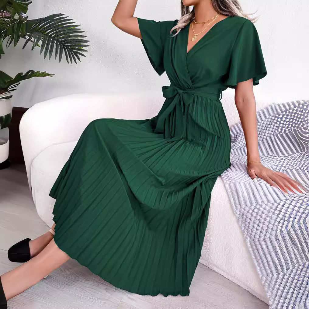 Robe longue plissée à col en V pour femme