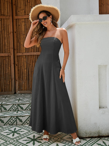 Women's Strapless Linen Maxi Dress - Breathable Fabric With Shirred Back, Flattering A-Line Cut In Classic Black, White, And Yellow