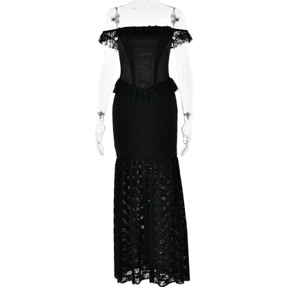 Fashion Dress Lace Stitching Off-neck Backless Dress