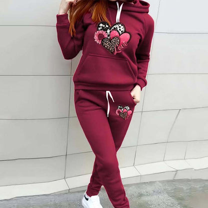 Leopard Print Heart Print Women's Casual Sports Suit Hooded Sweater