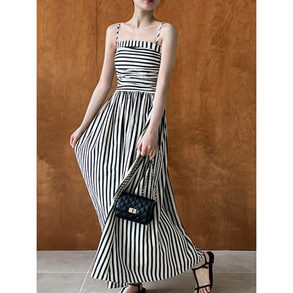 French Striped Bandeau Sling Dress High-grade Off-the-shoulder Pleated Waist Tight