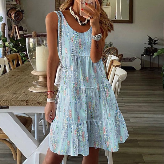 Casual Fashion Floral Print Loose Round Neck Sleeveless Mid-length Dress