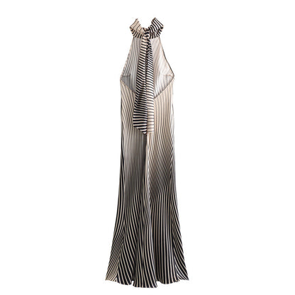 European And American Style Silk Satin Texture Stripes Backless Long Dress