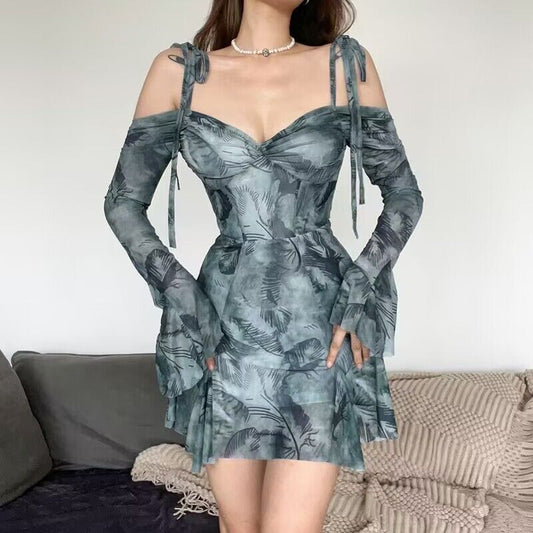 Off-shoulder Bell Sleeve Printed Waist-controlled Slimming Sling Dress