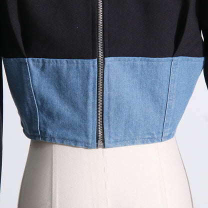 Manteau de costume à manches longues tendance avec coutures en denim et fermeture éclair dans le dos