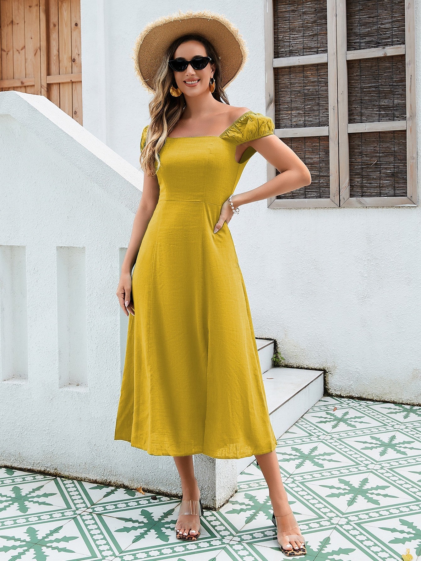 Vestido midi de lino y algodón para mujer: diseño versátil con hombros descubiertos, tira ajustable en la espalda y dobladillo dividido en amarillo, verde y naranja