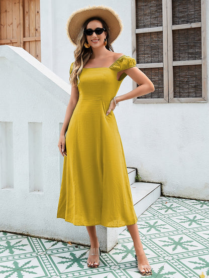 Women's Linen-Cotton Midi Dress - Versatile Off-Shoulder Design With Adjustable Tie-Back And Split Hem In Yellow, Green, And Orange