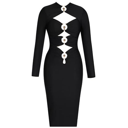 Long Sleeve Iron Hoop Pierced Black Bandage Long Dress