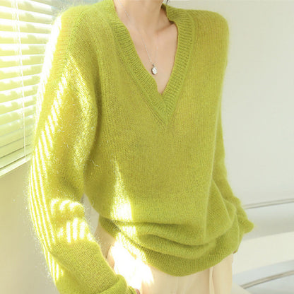 Fashion Fluorescent Green Mohair Sweater For Women