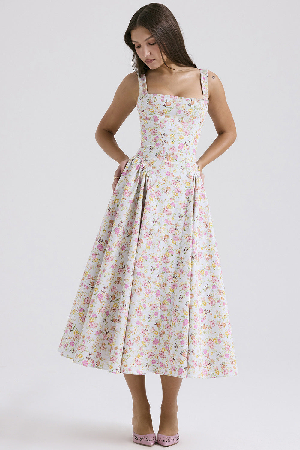 Floral Strap Backless Print Dress