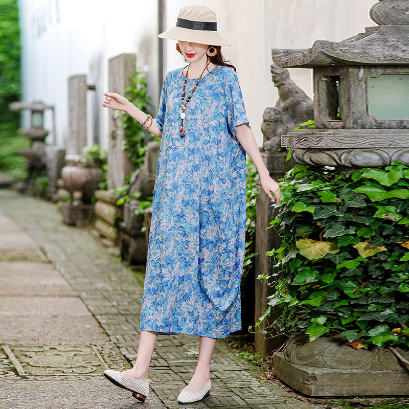 Vestido informal versátil de algodón y lino con estampado floral para mujer