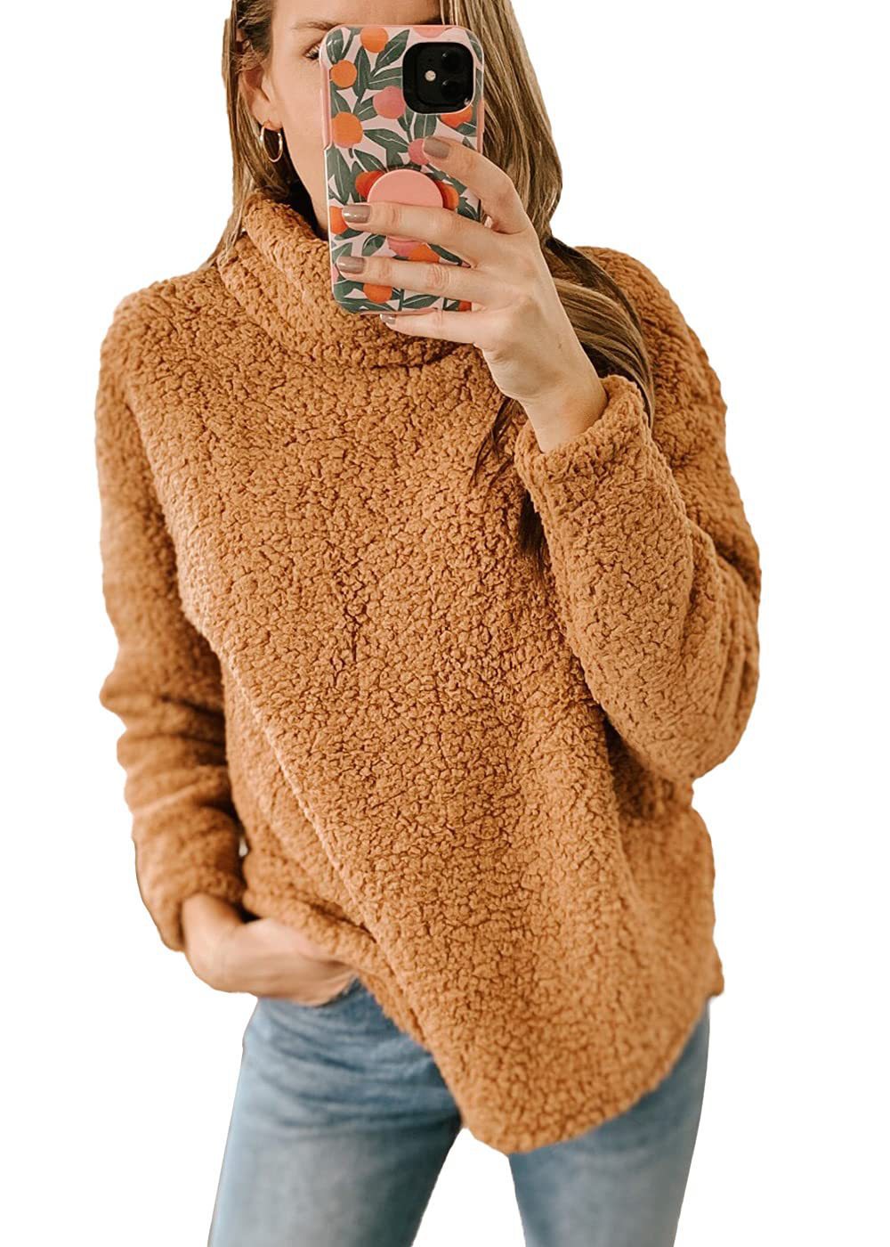 Ropa de mujer Nueva sudadera con capucha de color liso y cuello alto peludo Top de felpa para mujer