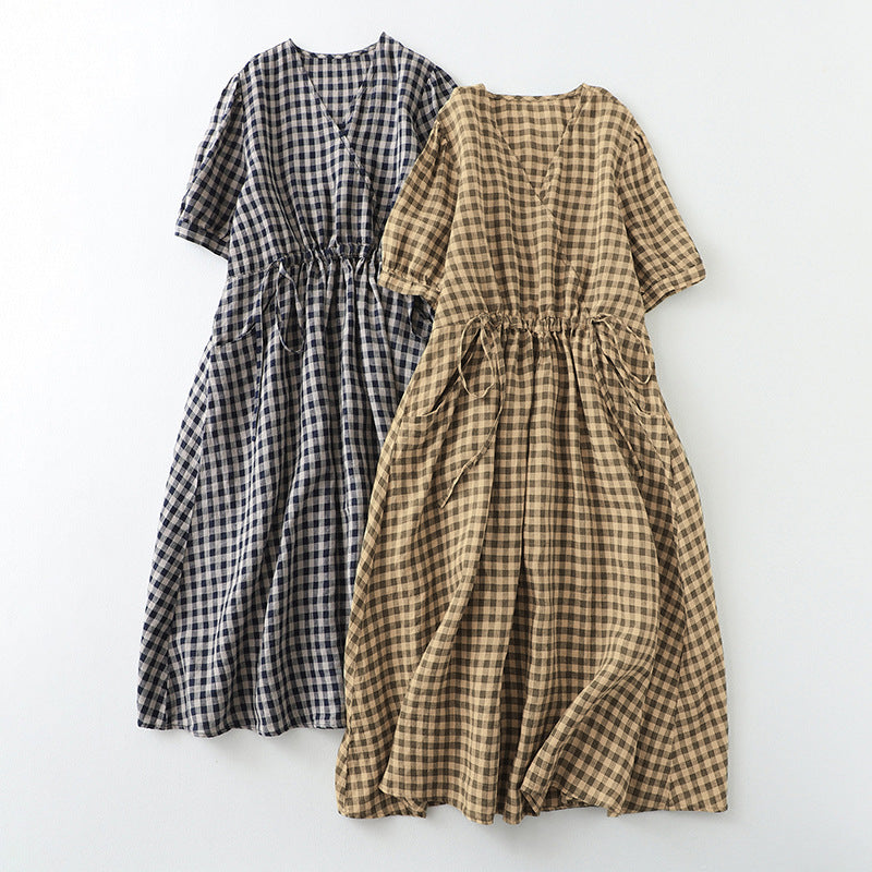 Cotton And Linen Short Sleeve Pullover Elastic Retro Plaid Dress