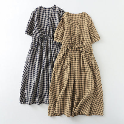 Cotton And Linen Short Sleeve Pullover Elastic Retro Plaid Dress