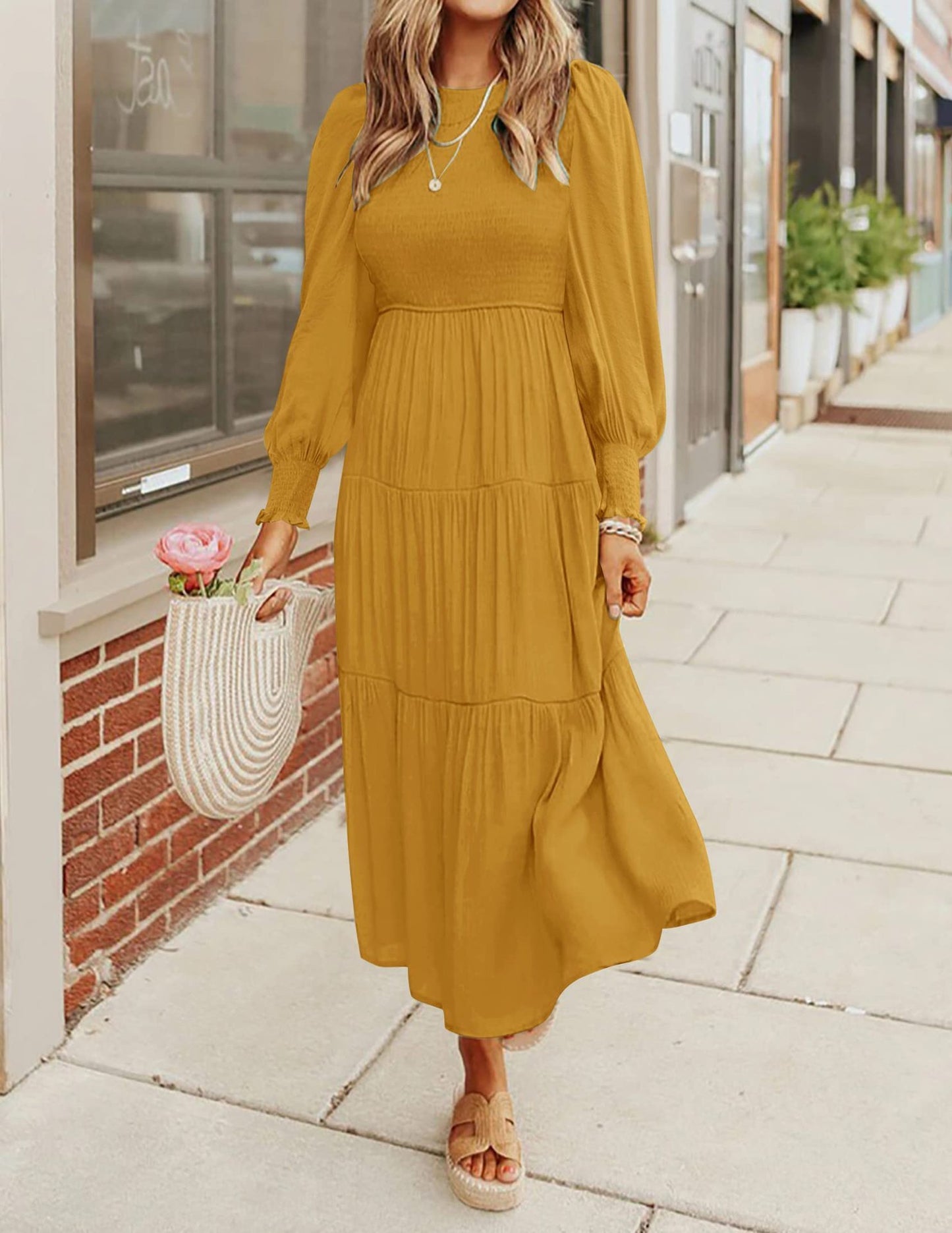 Smocking Pleating Multi-layer Large Swing Dress