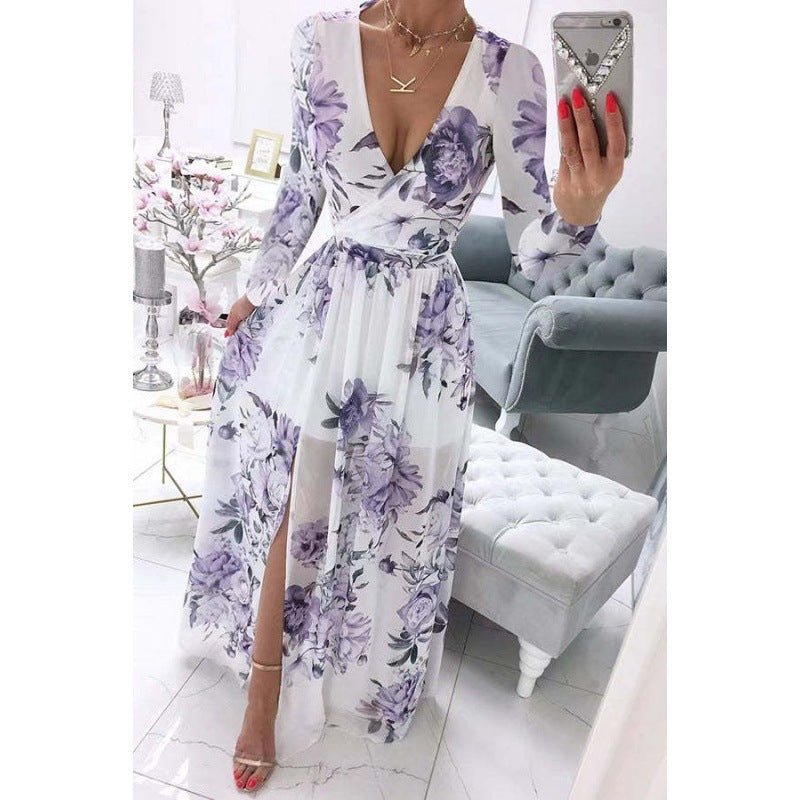 Robe d'été à manches longues et col en V en mousseline de soie imprimée style bohème pour femme