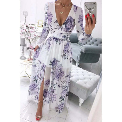 Vestido bohemio de gasa con cuello en V y manga larga de verano para mujer