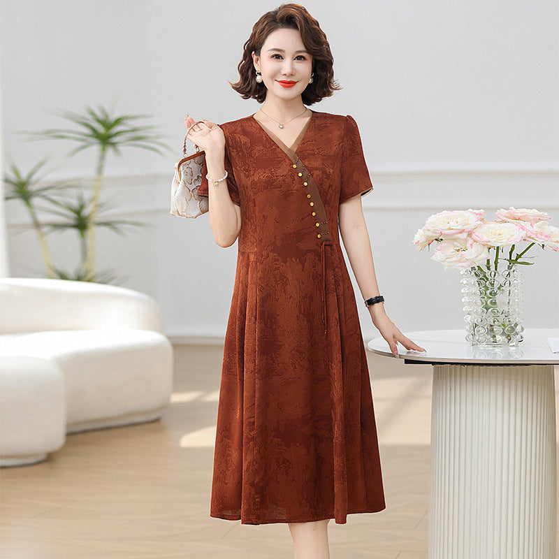 Chinese Style Mom Summer Clothes Dress Mid-length Western Style Middle-aged Temperament Slimming