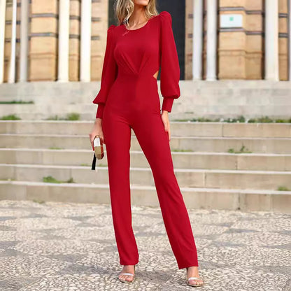 Women's Straight Round Neck Long Sleeve Backless Slim Fit Jumpsuit