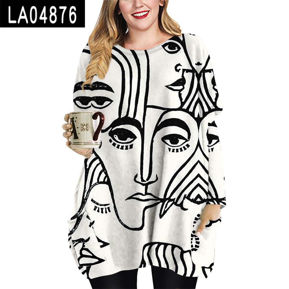 Abstract Face Plus Size Women's Clothing Crew Neck Casual Loose Dress