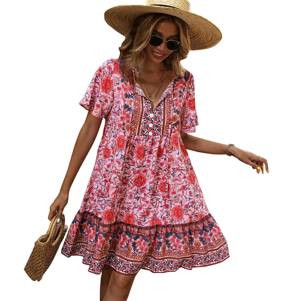 European And American Small Floral V-neck Loose Casual Bohemian Vacation Style Dress