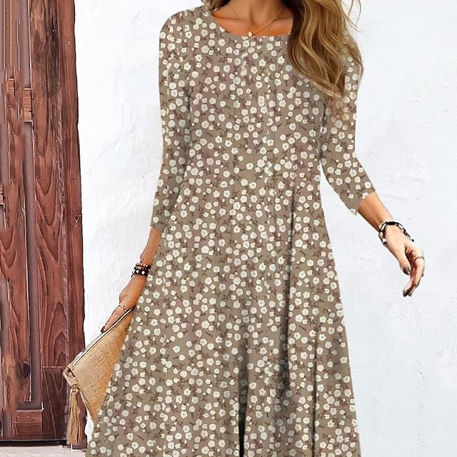 Printed Long Sleeve Round Neck Mid-length Dress