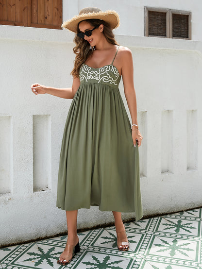 Vestido largo bohemio para mujer: tejido de rayón transpirable con busto bordado y espalda elástica, falda suelta en negro, blanco y verde