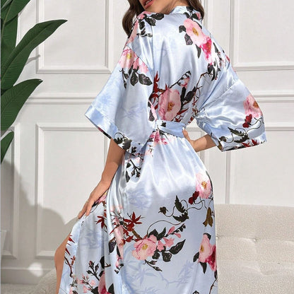 Summer Breathable Thin Fashion Big Flower Print Long Sleeve Nightgown