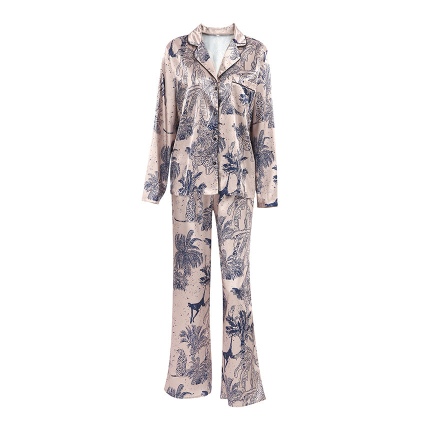 Women's Fashion Satin Printed Cardigan Pajamas Two-piece Set