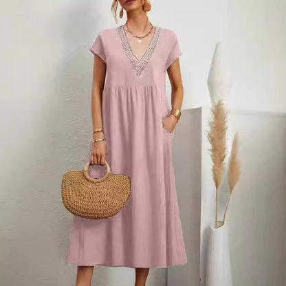 European And American Solid Color Lace V-neck Sleeveless Loose Cotton And Linen Pocket Dress