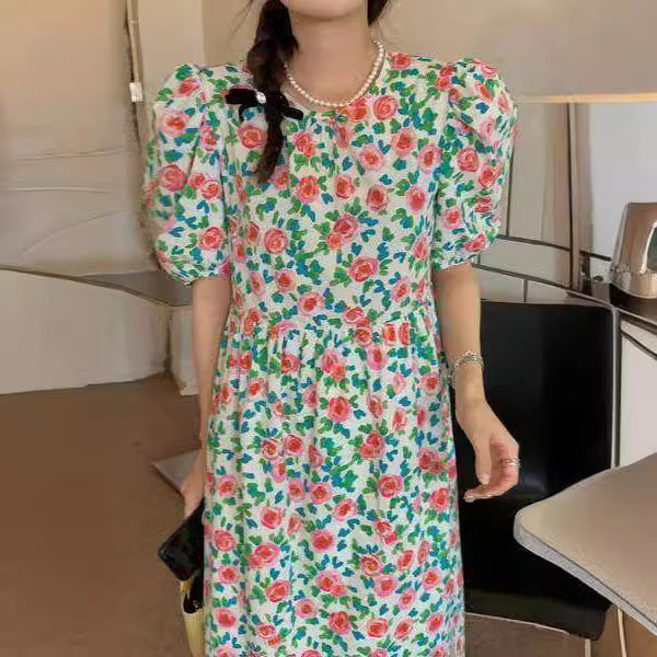 High Waist Slimming Puff Sleeve Dress Women