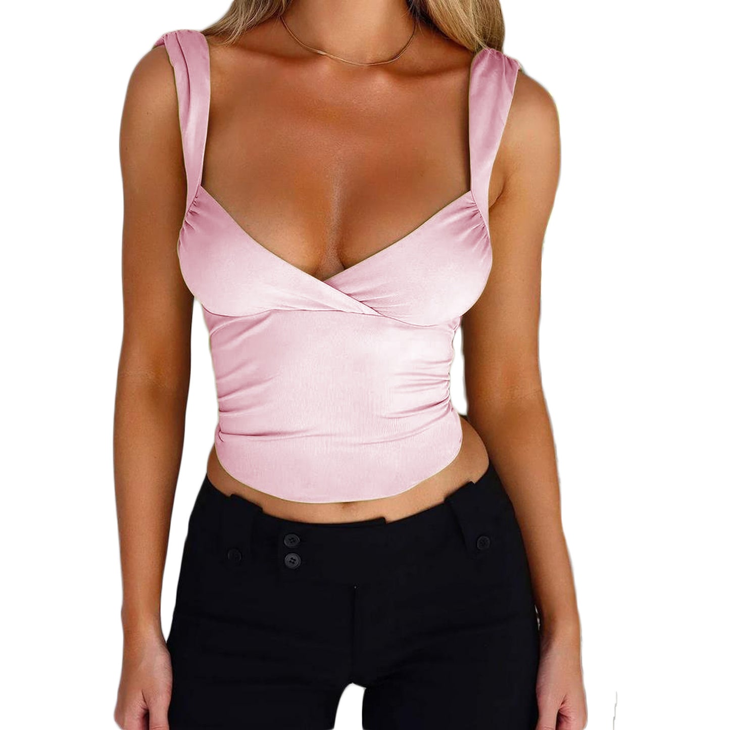 Camiseta sin espalda con cuello en V y tirantes a la moda para mujer