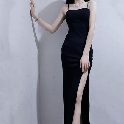 Young Hot Girl Pure Desire Style Design Sense Adult Lady Like Woman Black Slit Hip Dress