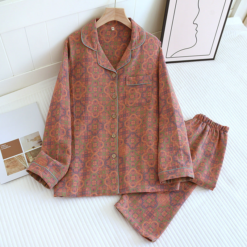 Women's Spring And Autumn Lapel Rose Double-layer Cotton Yarn Long Sleeves Home Wear Suit