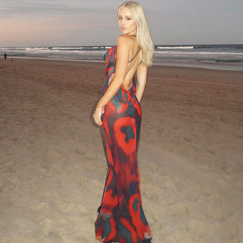 European And American Printed V-neck Long Dress Sexy Backless Fashion Dress