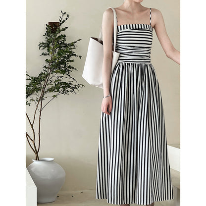 French Striped Bandeau Sling Dress High-grade Off-the-shoulder Pleated Waist Tight