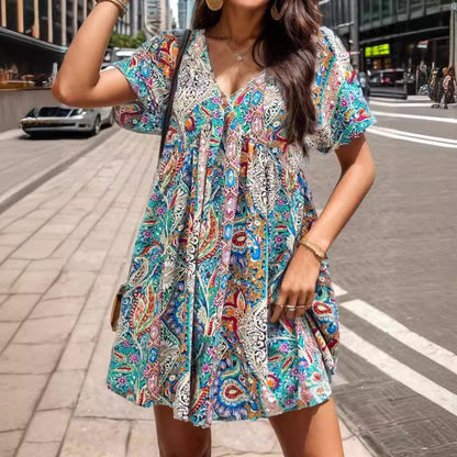 V-neck Loose Printed Pleated Dress