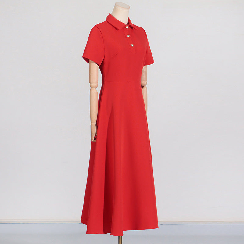 Robe élégante de style français, design à revers simple, coupe à la taille, robe à manches courtes pour femme