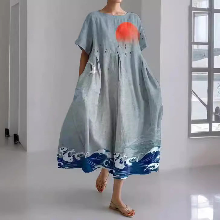 Robe imprimée 3D à col rond et manches courtes pour femmes, grande taille