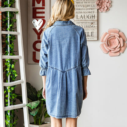 Robe en jean à manches trois-quarts pour femmes, volants décontractés